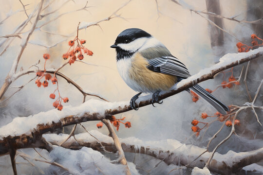 Illustration of a black capped chickadee in winter. Generative AI. 