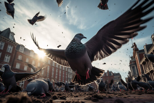 Illustration of pidgins in a town square. Generative AI. 