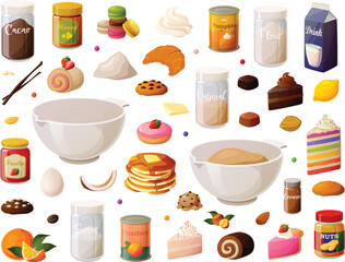 Cute vector illustration set isolated on a white background of various baking supplies found in the pantry and baked goods.