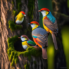  Colorful birds perched on a tree trunk together in nest hole with moss growing.