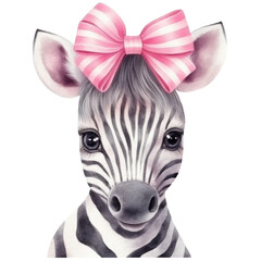 Cute Zebra with Pink Ribbon for Joyful Baby Shower Celebrations, Whimsical Watercolor Animal Artwork, Isolated on transparent background. Generative AI
