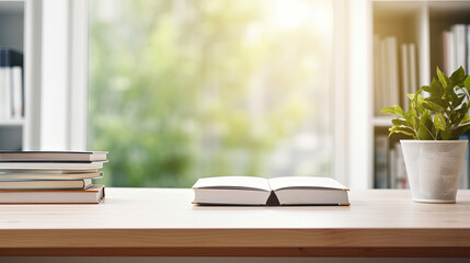 White table with books, stationery and copy space in study room