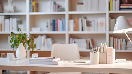 White table with books, stationery and copy space in study room