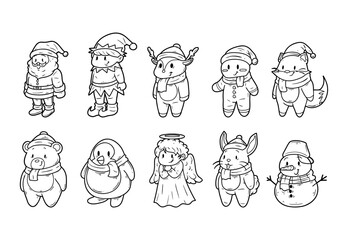 Set of christmas character hand drawn outline sketch illustration