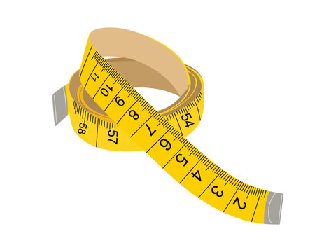 Yellow measuring tape curls on a white background isolated. Tailor's sewing  cloth measuring tool. Ruler for body measuring. Stock Photo