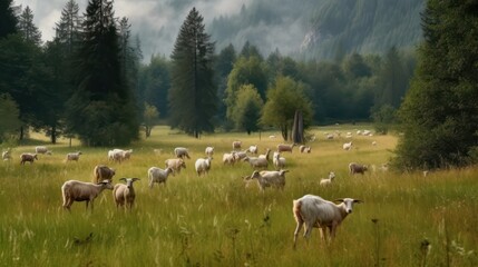 Obraz na płótnie Canvas goats graze on a farm meadow. Generative AI