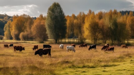 bulls and dairy cows graze on a green pasture. Generative AI