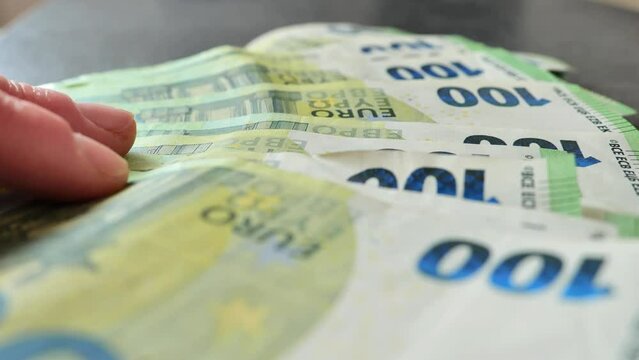 One hundred euro banknotes. European currency. Euro currency exchange rate. High quality 4k footage