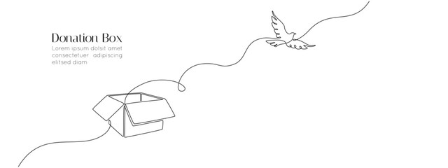 One continuous line drawing of donate box with bird dove. Minimalist peace concept of help and volunteer activity web banner in simple linear style. Editable stroke. Doodle vector illustration
