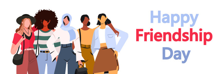 Fototapeta premium Happy friendship day. United community, people group hugging together. Best friends concept. Multicultural friendship. Good for background, banner, greeting card and social media. 