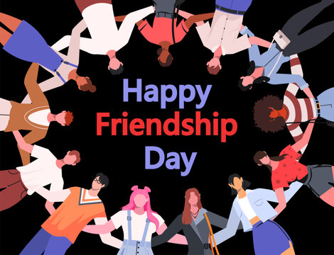 Celebrating International friendship day concept. Diverse people group in circle, hugging together. United community, people group hugging together. Flat vector illustration