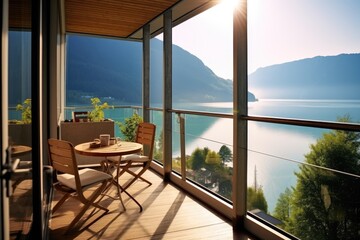 photo of hotel balcony with lake view Photography AI Generated