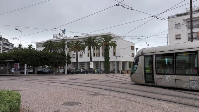 Modern tramway passing on the street in Rabat, Morocco