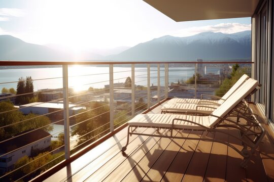 photo of hotel balcony with lake view Photography AI Generated