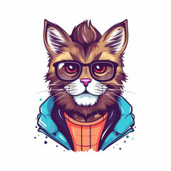 Hipster Cat With Eyeglasses Flat 2D Design
