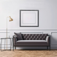 Interior of modern living room with white walls, wooden floor, black leather sofa and mock up poster frame. 3d rendering