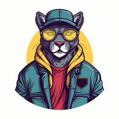 Hipster Panther With Hat, Sunglasses and Jacket 2D Flat Design