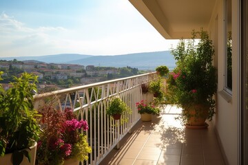 Obraz na płótnie Canvas photo of hotel balcony with village view Photography AI Generated