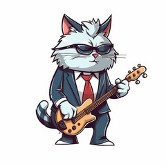Jazzy Tuxedo Cat With Guitar In Hand Drawn Style