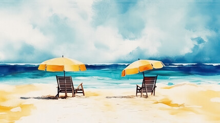 Watercolor Beach Banner. Summer Vacation Design, Tropical Island Landscape Art, White Sand, Two Chairs and Umbrella, Blue Sea, Calm Clouds, Sky, Birds - Artistic Paint Texture on Sunny Coastline Wave