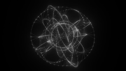 Flowing orbital polygonal sphere shape HUD, FUI element. Plexus style connecting lines and dots.