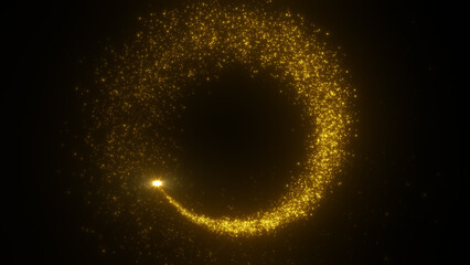 Bright flying sparks of particles, spinning in a circle, follow the flashing star.