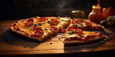 Pizza cheese and sausage blurred background, AI Generateand - obrazy, fototapety, plakaty