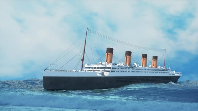 the Titanic ship sails on the sea historical reconstruction 3d render