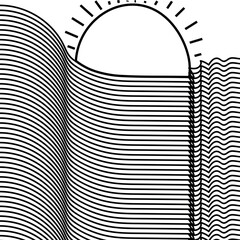 Many repeating lines mimic the surface. Above there is a big sun.