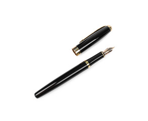 Stylish black fountain pen isolated on white, top view