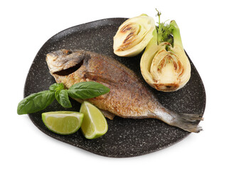 Delicious roasted dorado fish with fennel, lime and basil isolated on white