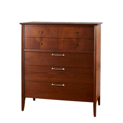 Vintage tall dresser. Classic Mid-Century Modern warm walnut furniture. No background png. 