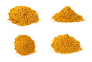 Collage with heaps of curry powder isolated on white