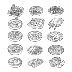 Set of thai food hand drawn outline sketch illustration