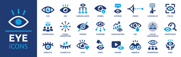 Eye icon set. Containing eyes, see, visible, surveillance, view, vision, witness, looking at, supervision and focus icons. Solid icon collection. Vector illustration. - obrazy, fototapety, plakaty