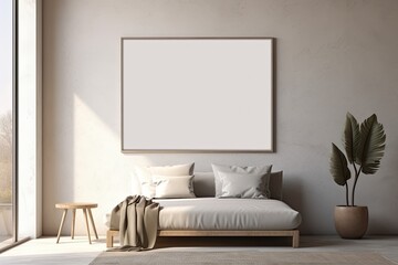 Mock up for poster, artwork frame in minimalist bedroom interior background, cement wall