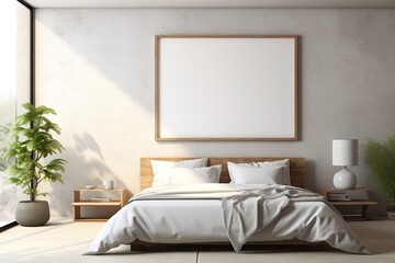 Mock up for poster, artwork frame in minimalist bedroom interior background, cement wall