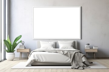 Mock up for poster, artwork frame in minimalist bedroom interior background, cement wall