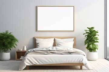 Mock up for poster, artwork frame in minimalist bedroom interior background, cement wall