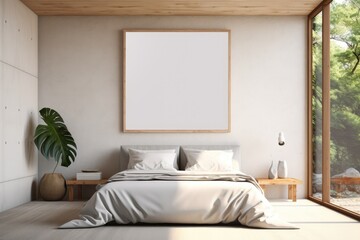 Mock up for poster, artwork frame in minimalist bedroom interior background, cement wall