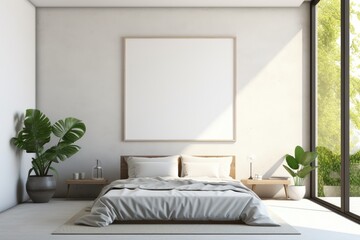 Mock up for poster, artwork frame in minimalist bedroom interior background, cement wall