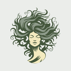 Woman in shape of oak tree with waving hair. Abstract beauty industry vector logo design. Unique illustration.