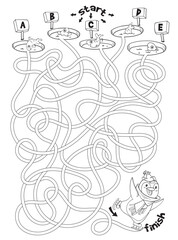Fototapeta na wymiar Children logic game to pass the maze. Penguin skates on ice. Educational game for kids. Attention task. Choose right path. Funny cartoon character. Coloring book. Worksheet page