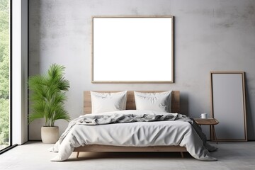 Fototapeta na wymiar Mock up for poster, artwork frame in minimalist bedroom interior background, cement wall