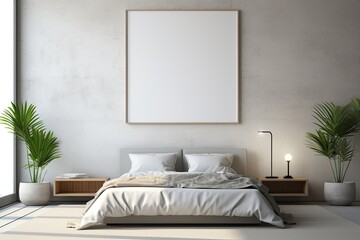 Mock up for poster, artwork frame in minimalist bedroom interior background, cement wall
