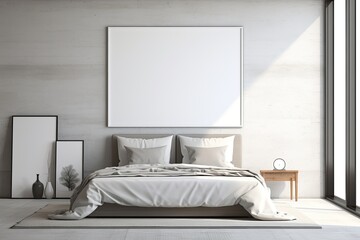 Mock up for poster, artwork frame in minimalist bedroom interior background, cement wall