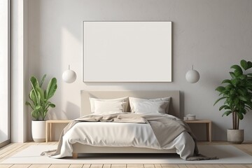 Mock up for poster, artwork frame in minimalist bedroom interior background, cement wall