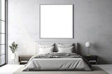 Mock up for poster, artwork frame in minimalist bedroom interior background, cement wall