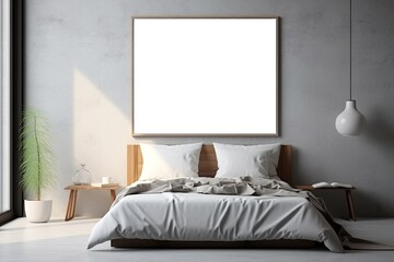 Mock up for poster, artwork frame in minimalist bedroom interior background, cement wall