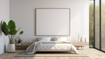Mock up for poster, artwork frame in minimalist bedroom interior background, cement wall